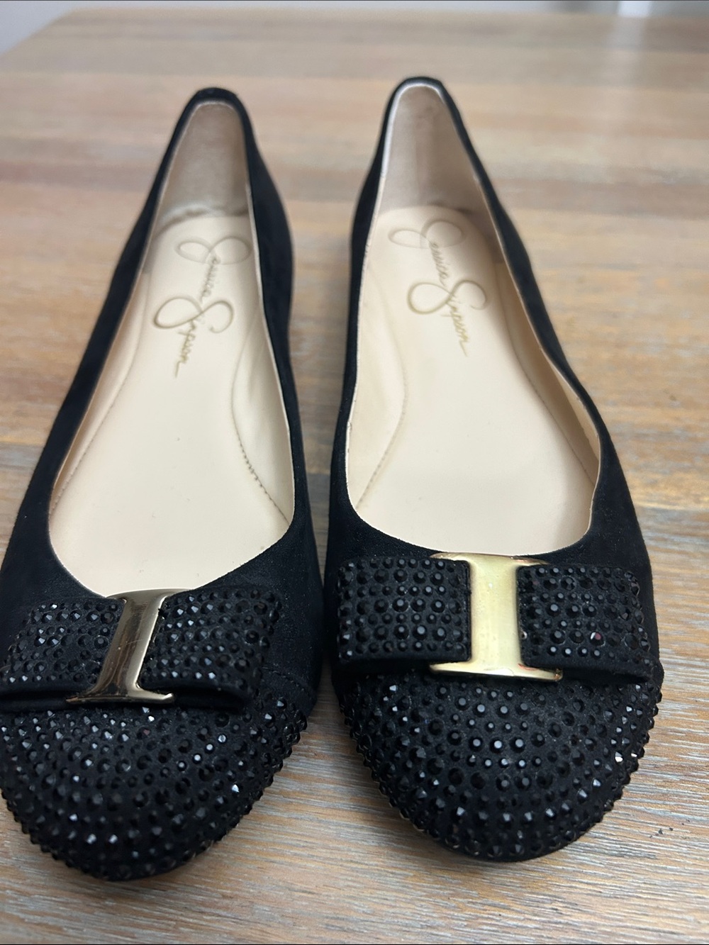 Jessica Simpson Black Crystal Bow Flats with Gold Hardware